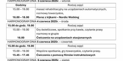 TYGODNIOWY HARMONOGRAM ZAJĘĆ KLUBU SENIOR+ W MIKSTACIE W terminie 2 – 7.06.2025r.