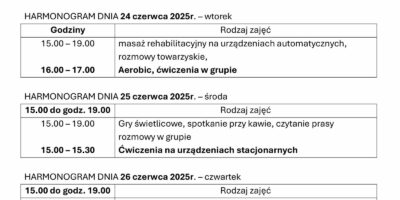 TYGODNIOWY HARMONOGRAM ZAJĘĆ KLUBU SENIOR+ W MIKSTACIE W terminie 23 – 27.06.2025r.