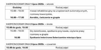 TYGODNIOWY HARMONOGRAM ZAJĘĆ KLUBU SENIOR+ W MIKSTACIE W terminie 30.06 – 4.07.2025r.