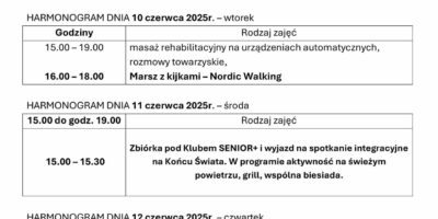 TYGODNIOWY HARMONOGRAM ZAJĘĆ KLUBU SENIOR+ W MIKSTACIE W terminie 9 – 13.06.2025r.