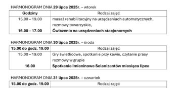 TYGODNIOWY HARMONOGRAM ZAJĘĆ KLUBU SENIOR+ W MIKSTACIE W terminie 28.07 – 1.08.2025r.