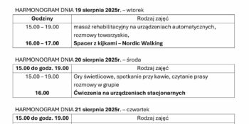 TYGODNIOWY HARMONOGRAM ZAJĘĆ KLUBU SENIOR+ W MIKSTACIE W terminie 18 – 22.08.2025r.