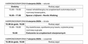 TYGODNIOWY HARMONOGRAM ZAJĘĆ KLUBU SENIOR+ W MIKSTACIE W terminie 4 – 8.08.2025r.