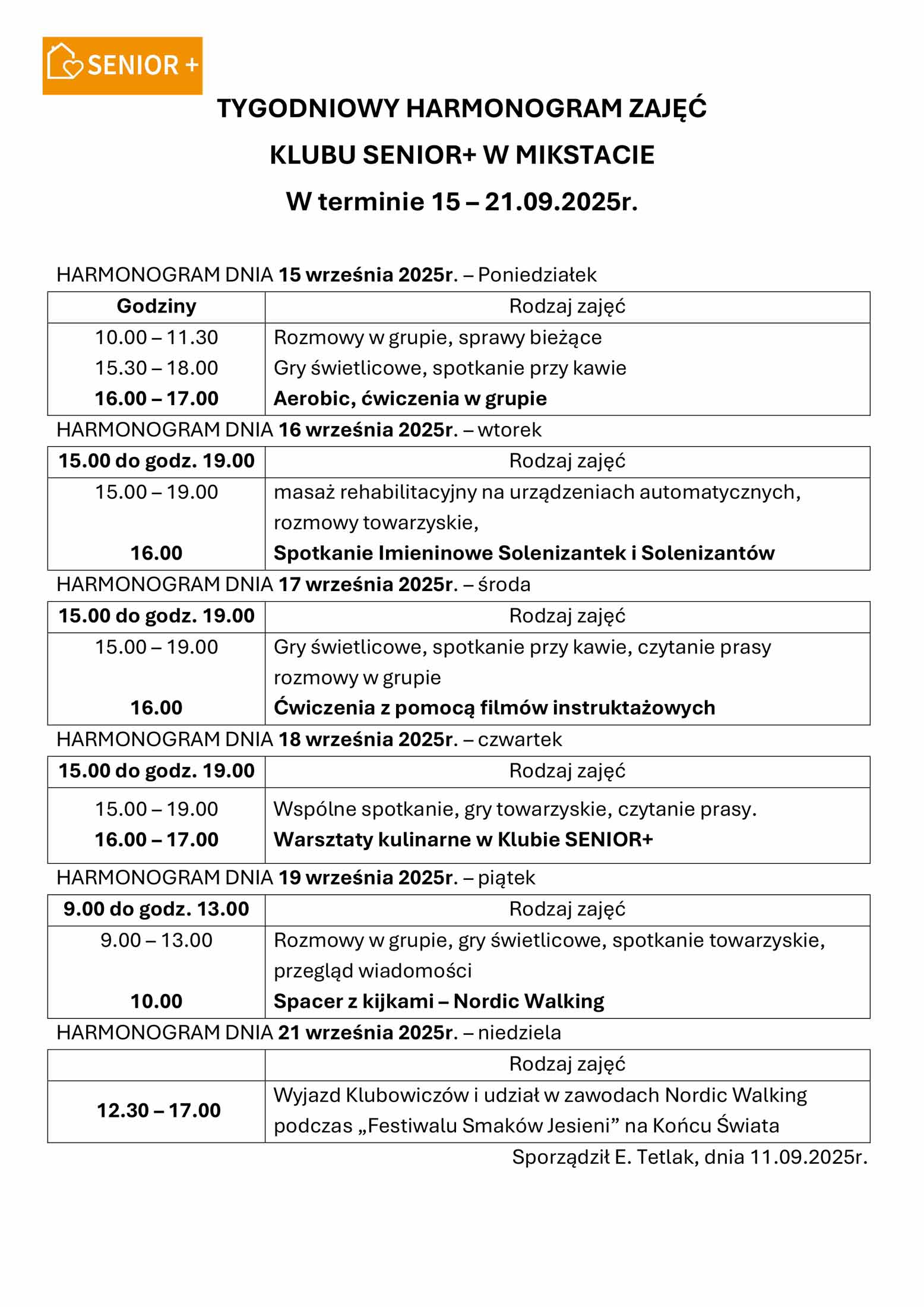 Harmonogram Klubu Senior+