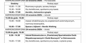 TYGODNIOWY HARMONOGRAM ZAJĘĆ KLUBU SENIOR+ W MIKSTACIE W terminie 21 - 26.09.2025r.