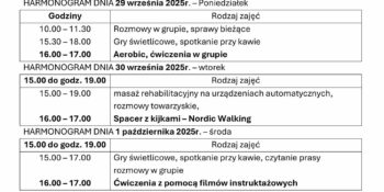 TYGODNIOWY HARMONOGRAM ZAJĘĆ KLUBU SENIOR+ W MIKSTACIE W terminie 28.09 – 3.10.2025r.