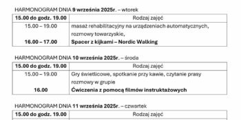 TYGODNIOWY HARMONOGRAM ZAJĘĆ KLUBU SENIOR+ W MIKSTACIE W terminie 8 – 12.09.2025r.