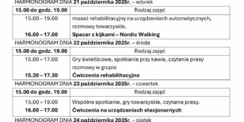 TYGODNIOWY HARMONOGRAM ZAJĘĆ KLUBU SENIOR+ W MIKSTACIE W terminie 20 – 24.10.2025r.