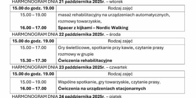 TYGODNIOWY HARMONOGRAM ZAJĘĆ KLUBU SENIOR+ W MIKSTACIE W terminie 20 – 24.10.2025r.