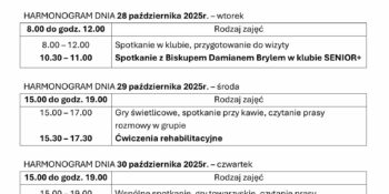 TYGODNIOWY HARMONOGRAM ZAJĘĆ KLUBU SENIOR+ W MIKSTACIE W terminie 27 – 31.10.2025r.