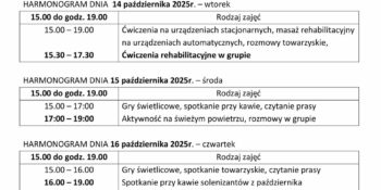 TYGODNIOWY HARMONOGRAM ZAJĘĆ KLUBU SENIOR+ W MIKSTACIE W terminie 13 – 17.10.2025r.