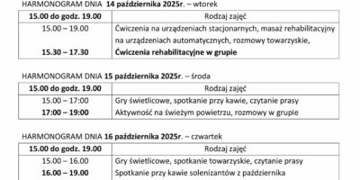 TYGODNIOWY HARMONOGRAM ZAJĘĆ KLUBU SENIOR+ W MIKSTACIE W terminie 13 – 17.10.2025r.