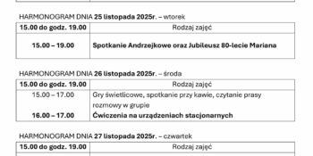 TYGODNIOWY HARMONOGRAM ZAJĘĆ KLUBU SENIOR+ W MIKSTACIE W terminie 24 – 28.11.2025r.