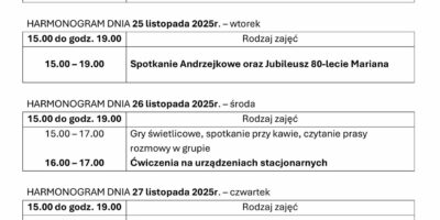 TYGODNIOWY HARMONOGRAM ZAJĘĆ KLUBU SENIOR+ W MIKSTACIE W terminie 24 – 28.11.2025r.
