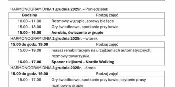 TYGODNIOWY HARMONOGRAM ZAJĘĆ KLUBU SENIOR+ W MIKSTACIE W terminie 30.11 – 5.12.2025r.