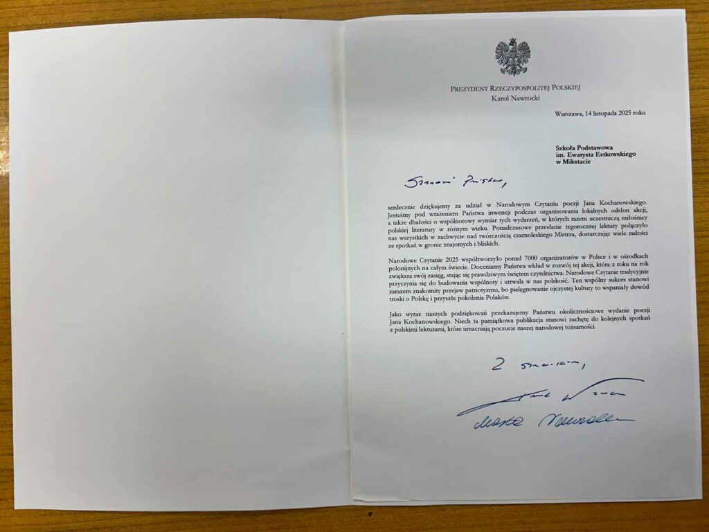 Podziękowanie od Prezydenta Rzeczypospolitej Polskiej