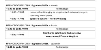 TYGODNIOWY HARMONOGRAM ZAJĘĆ KLUBU SENIOR+ W MIKSTACIE W terminie 15 – 19.12.2025r.