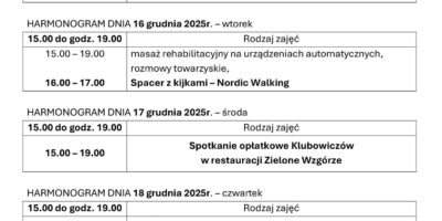 TYGODNIOWY HARMONOGRAM ZAJĘĆ KLUBU SENIOR+ W MIKSTACIE W terminie 15 – 19.12.2025r.