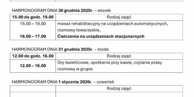 TYGODNIOWY HARMONOGRAM ZAJĘĆ KLUBU SENIOR+ W MIKSTACIE W terminie 29.12.2025 – 2.01.2026r.