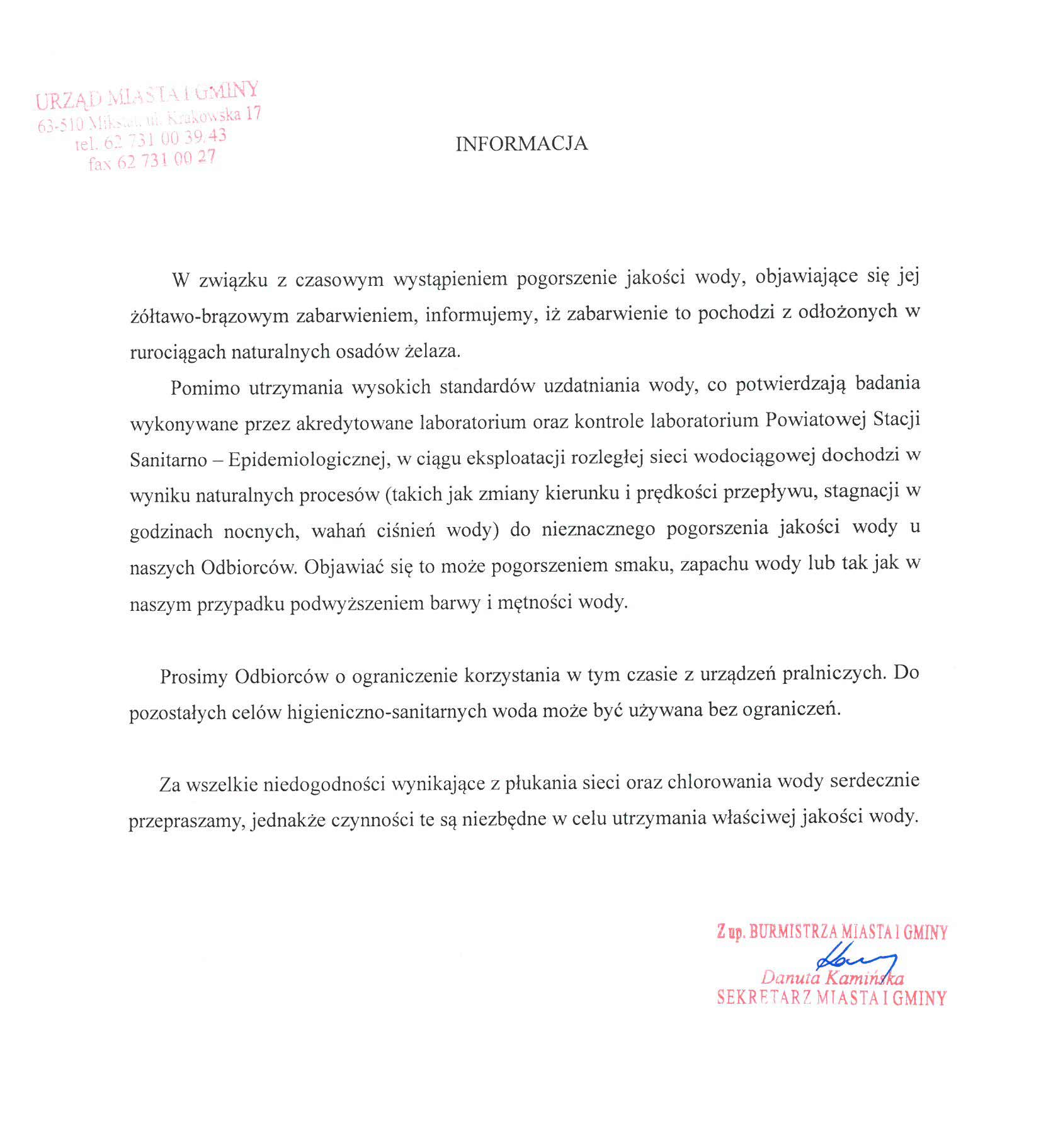 Komunikat w sprawie wody