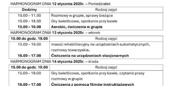 TYGODNIOWY HARMONOGRAM ZAJĘĆ KLUBU SENIOR+ W MIKSTACIE W terminie 10 – 16.01.2026r.