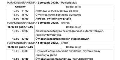 TYGODNIOWY HARMONOGRAM ZAJĘĆ KLUBU SENIOR+ W MIKSTACIE W terminie 10 – 16.01.2026r.