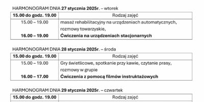 TYGODNIOWY HARMONOGRAM ZAJĘĆ KLUBU SENIOR+ W MIKSTACIE W terminie 26 – 30.01.2026r.
