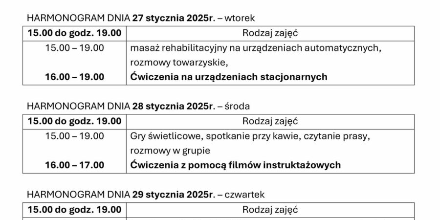 TYGODNIOWY HARMONOGRAM ZAJĘĆ   KLUBU SENIOR+ W MIKSTACIE  W terminie 26 – 30.01.2026r.
