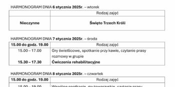 TYGODNIOWY HARMONOGRAM ZAJĘĆ KLUBU SENIOR+ W MIKSTACIE W terminie 5 – 9.01.2026r.