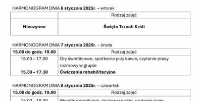 TYGODNIOWY HARMONOGRAM ZAJĘĆ KLUBU SENIOR+ W MIKSTACIE W terminie 5 – 9.01.2026r.