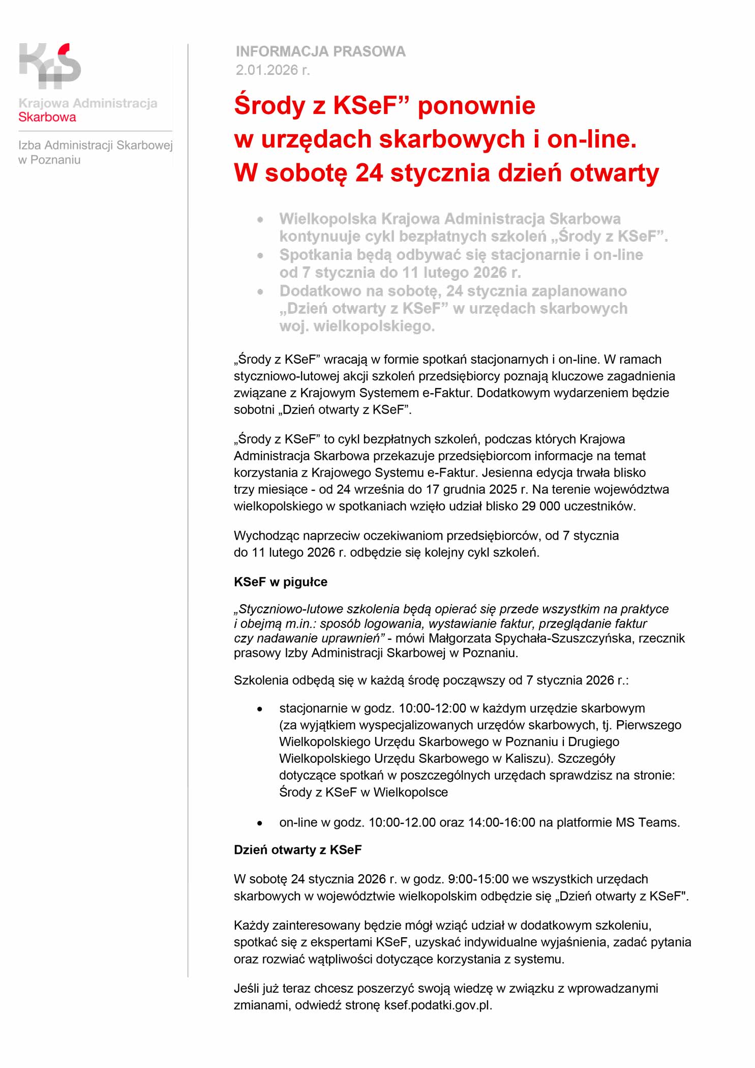 Środy z KSeF ponownie w urzędach skarbowych i on-line. W sobotę 24 stycznia dzień otwarty