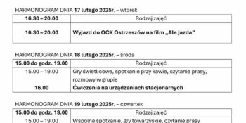TYGODNIOWY HARMONOGRAM ZAJĘĆ KLUBU SENIOR+ W MIKSTACIE W terminie 16 – 20.02.2026r.