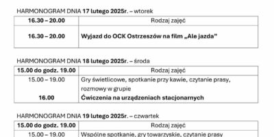 TYGODNIOWY HARMONOGRAM ZAJĘĆ KLUBU SENIOR+ W MIKSTACIE W terminie 16 – 20.02.2026r.