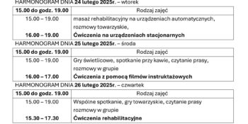 TYGODNIOWY HARMONOGRAM ZAJĘĆ KLUBU SENIOR+ W MIKSTACIE W terminie 23.02 – 1.03.2026r.