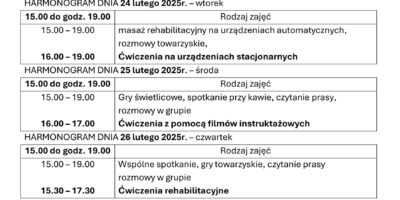 TYGODNIOWY HARMONOGRAM ZAJĘĆ KLUBU SENIOR+ W MIKSTACIE W terminie 23.02 – 1.03.2026r.