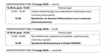 TYGODNIOWY HARMONOGRAM ZAJĘĆ KLUBU SENIOR+ W MIKSTACIE W terminie 9 – 13.02.2026r.