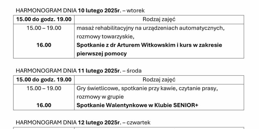 Harmonogram Klubu Senior+