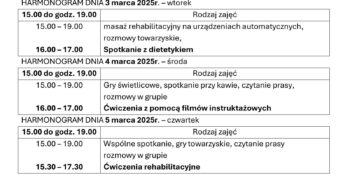 TYGODNIOWY HARMONOGRAM ZAJĘĆ KLUBU SENIOR+ W MIKSTACIE W terminie 2 – 7.03.2026r.