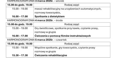 TYGODNIOWY HARMONOGRAM ZAJĘĆ KLUBU SENIOR+ W MIKSTACIE W terminie 2 – 7.03.2026r.