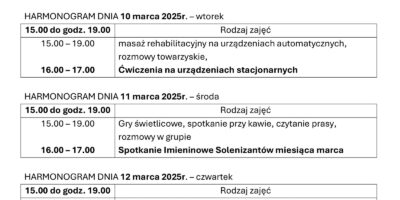 TYGODNIOWY HARMONOGRAM ZAJĘĆ KLUBU SENIOR+ W MIKSTACIE W terminie 9 – 13.03.2026r.