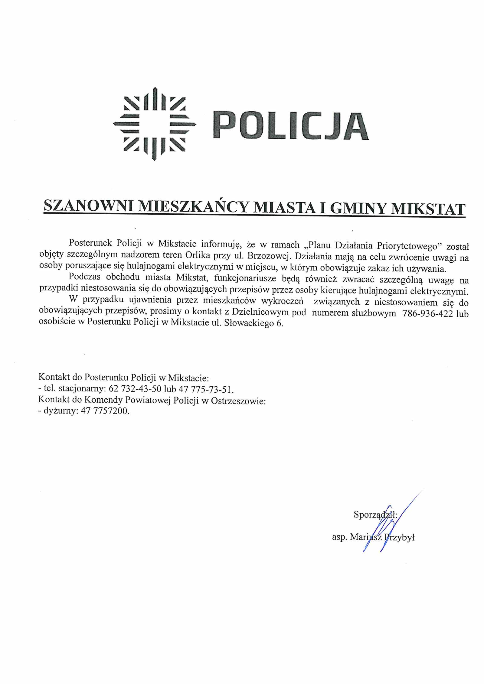 Ogłoszenie Policji w Mikstacie