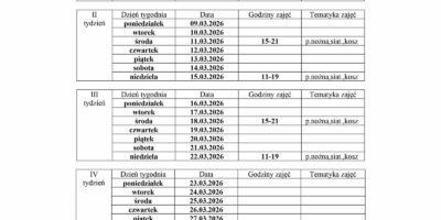 HARMONOGRAM planowanych godzin pracy animatora „Moje Boisko ORLIK 2012” na miesiąc marzec 2026